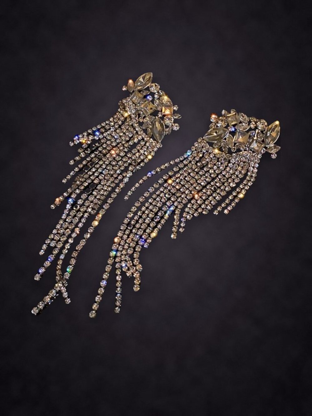 Rhinestone Fringe Statement Earrings, Marquise Crystal Top, Platinum Plated NWT